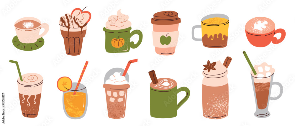 Vector illustration set of cozy autumn drinks in various mugs, collection for fall season. The cartoon hand drawn designs of hot beverages like coffee, tea, pumpkin spice latte, cafe menu Vector illustration set of cozy autumn drinks in various mugs, collection for fall season. The cartoon hand drawn designs of hot beverages like coffee, tea, pumpkin spice latte, cafe menu