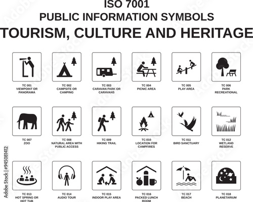 set of iso 7001 tourism, culture and heritage symbols on white background