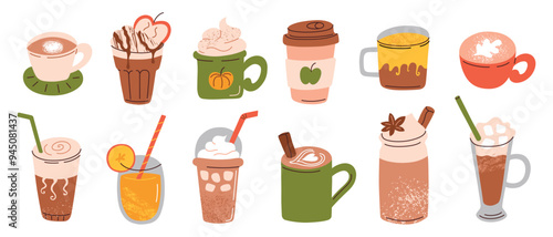 Vector illustration set of cozy autumn drinks in various mugs, collection for fall season. The cartoon hand drawn designs of hot beverages like coffee, tea, pumpkin spice latte, cafe menu