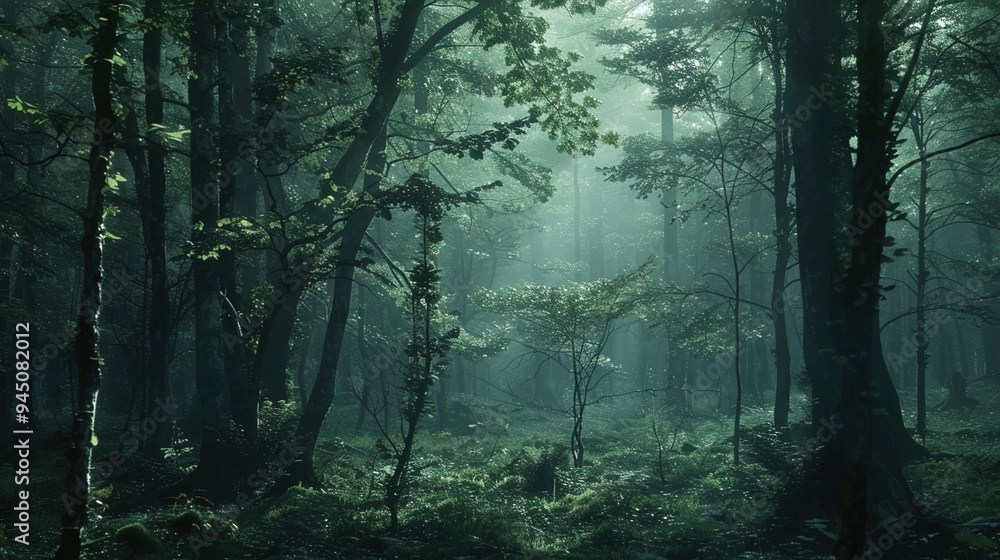 Obraz premium A mist-shrouded forest at twilight, with shadows dancing among the trees and the distant call of an owl echoing through the woods.