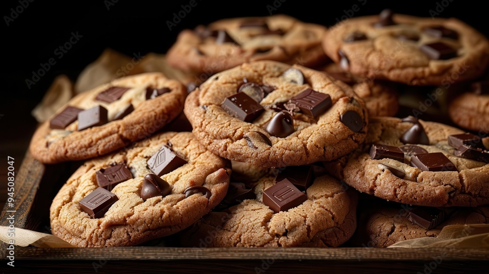 Freshly baked chocolate chip cookies arranged on a wooden tray, showcasing rich chocolate chunks and a golden-brown texture. Freshly baked chocolate chip cookies arranged on a wooden tray, showcasing rich chocolate chunks and a golden-brown texture.