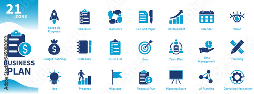 Business plan icon. Collection of icons on finance, planning, checklist, development goals, time management. Solid vector icons.