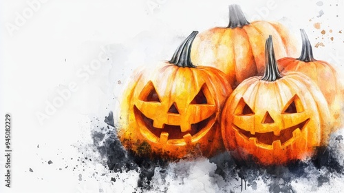 Three carved pumpkins sit side by side, featuring cheerful faces. The watercolor style enhances their vibrant orange hues, perfect for Halloween decorations