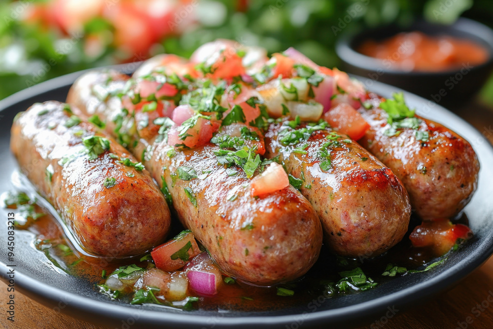 Delicious grilled sausages with tomato salsa and herbs on black plate Delicious grilled sausages with tomato salsa and herbs on black plate