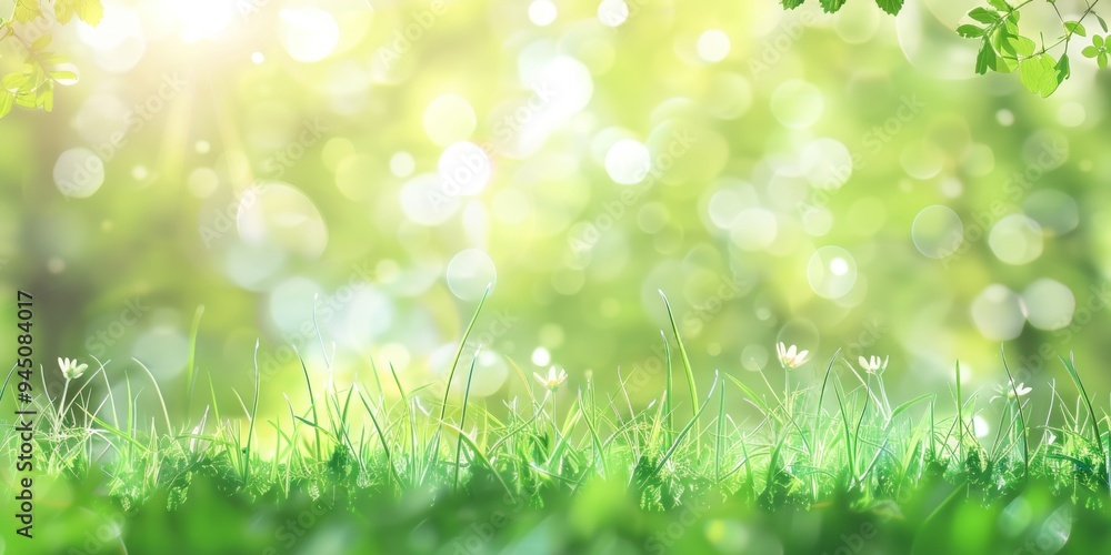 Green grass with small white flowers and blurred bokeh background. Green grass with small white flowers and blurred bokeh background.