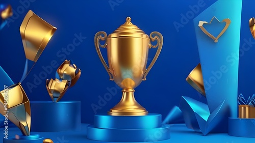 Blue background, business and competition concept, golden trophy and streamers. Generative AI photo