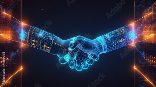 ai generated Illustration two wire-frame glowing hands, handshake, technology, business, trust concep photo