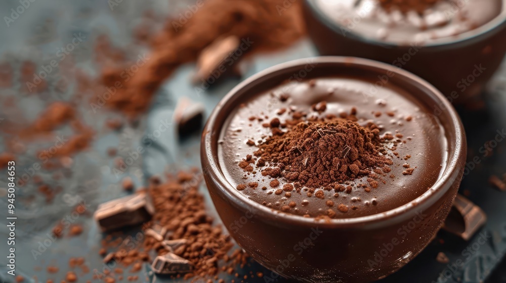Rich chocolate dessert with creamy texture, topped with cocoa powder and surrounded by chocolate pieces on a dark background. Rich chocolate dessert with creamy texture, topped with cocoa powder and surrounded by chocolate pieces on a dark background.