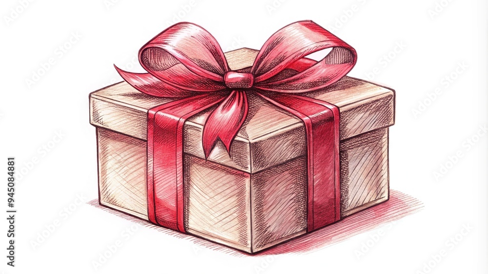 Fototapeta premium A beautifully wrapped gift box sits alone on a pristine white background, adorned with a lush ribbon and a stunning bow.