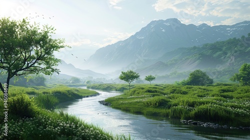 A peaceful river winding through a verdant valley, with mountains rising in the distance and birds singing in the trees, inspiring a sense of tranquility and euphoria.