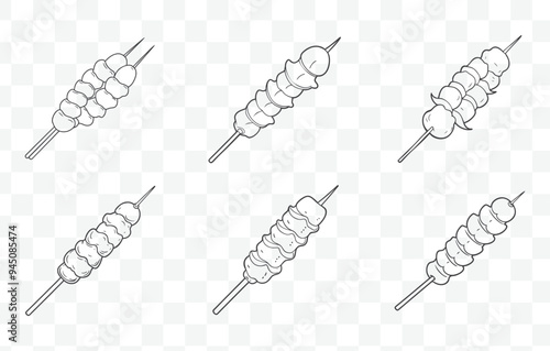 Print Comprehensive Thai Satay Art Vector Set with Detailed Illustrations of Traditional Skewered Meat and Sauce Elements