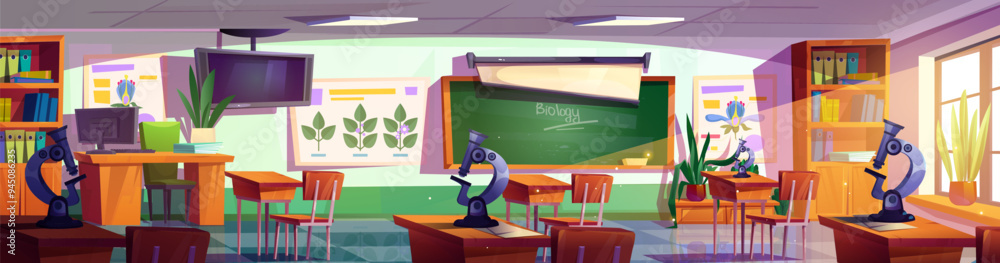 Obraz premium School classroom interior for biology learning with teacher and student tables, green chalkboard and posters on wall, plants and laboratory equipment microscope. Cartoon vector empty schoolroom.