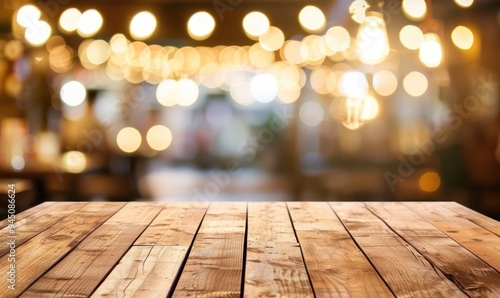 Wooden table with blurred bokeh lights in a warm indoor setting. Rustic background for product display and festive design.