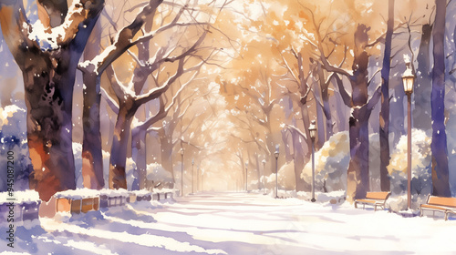 冬の並木道 - 雪化粧した木々と温かな光が織りなす風景