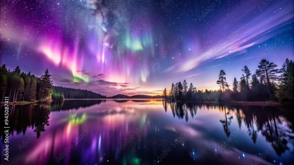 Fototapeta premium * Polar lights dance across a starry night, wispy clouds glisten with silver, ethereal mist surrounds twinkling constellations, and a tranquil lake reflects a forest's silhouette.