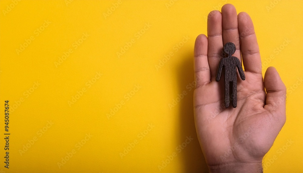 Hand holding a miniature wooden man with the concept of togetherness in business. generative ai Hand holding a miniature wooden man with the concept of togetherness in business. generative ai