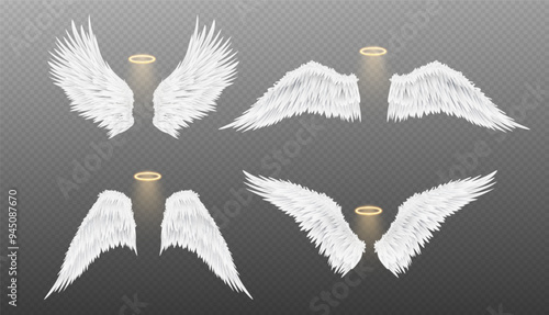 White realistic angel wings with glowing halo on transparent background. 3d vector illustration set of religion or fairytale heaven element with feathers and aureole. Carnival costume decoration.
