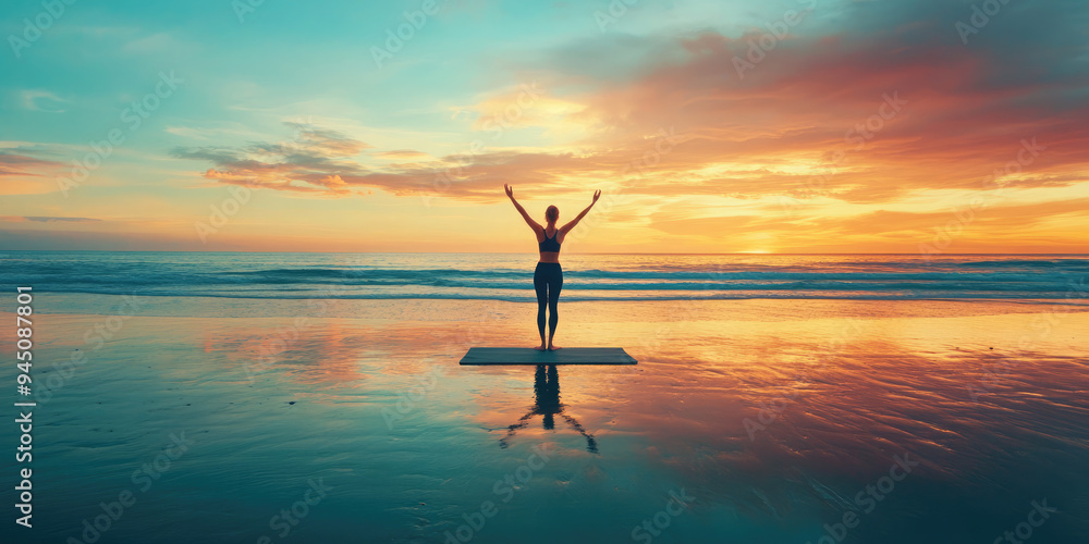 Woman is practicing yoga on the beach with her arms raised in the air as the sun sets behind her. The sky is a beautiful golden color, and the waves are crashing on the shore Woman is practicing yoga on the beach with her arms raised in the air as the sun sets behind her. The sky is a beautiful golden color, and the waves are crashing on the shore