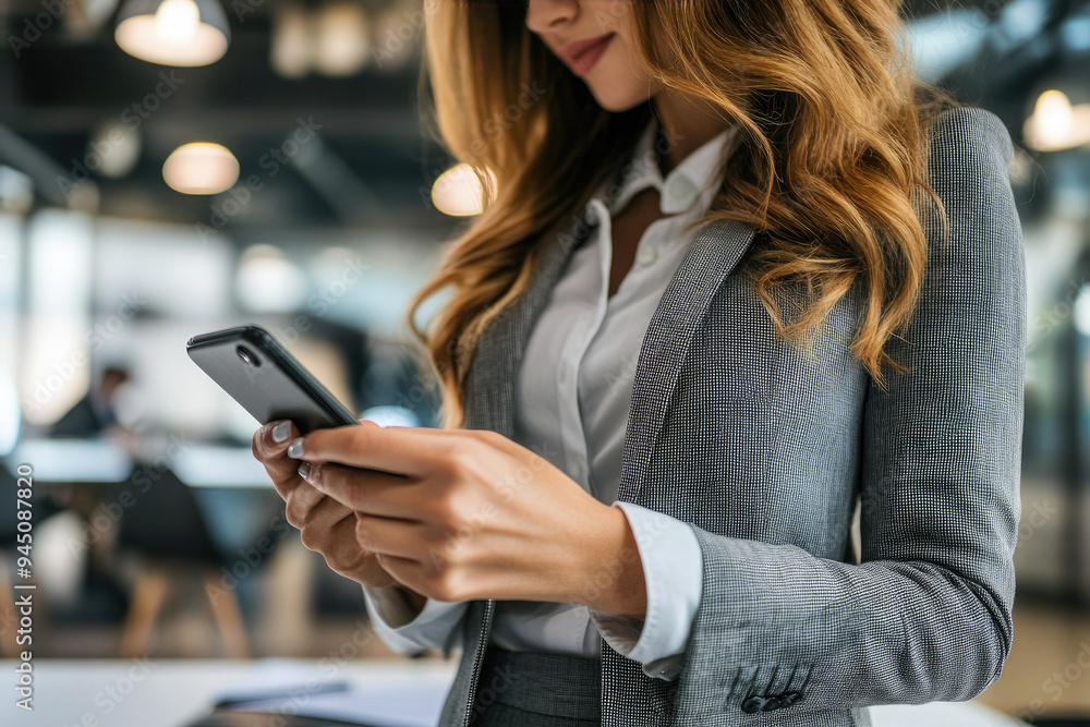 Businesswoman is standing in her office, surrounded by plants, and reading information on a tablet. She is wearing a black suit jacket and a white shirt Businesswoman is standing in her office, surrounded by plants, and reading information on a tablet. She is wearing a black suit jacket and a white shirt