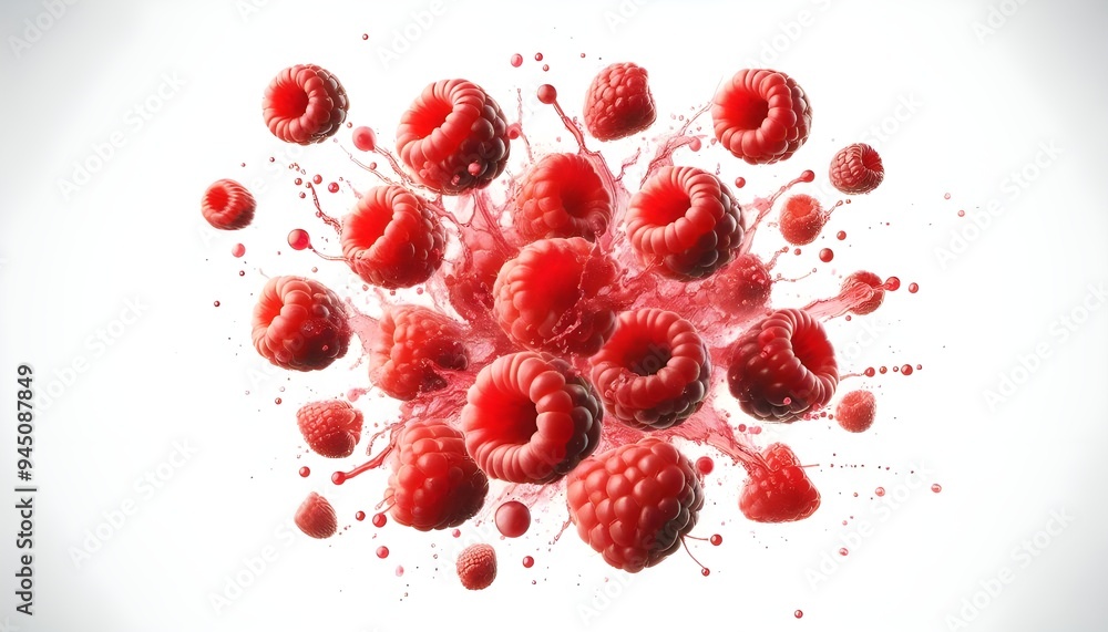 Fototapeta premium Raspberries flying, isolated on white or transparent background