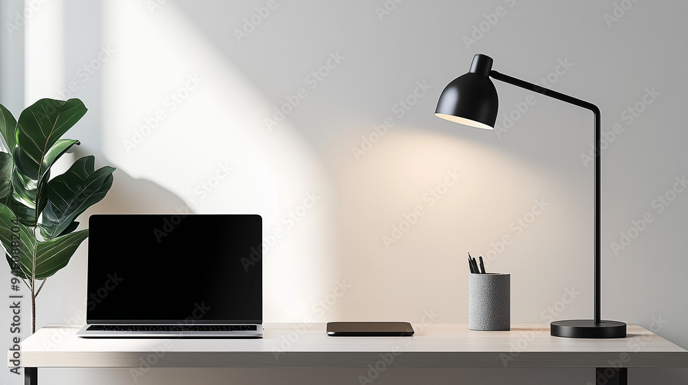 Modern desk setup with a laptop, smartphone, desk lamp, and plant, showcasing a clean and minimalistic workspace design Modern desk setup with a laptop, smartphone, desk lamp, and plant, showcasing a clean and minimalistic workspace design