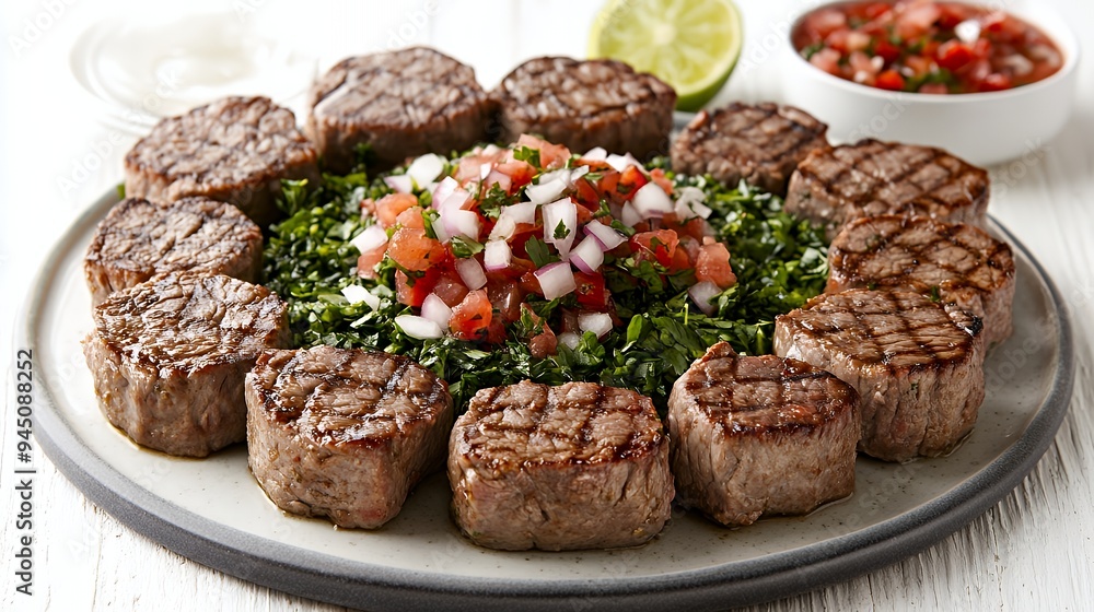 A platter of grilled beef medallions surrounded by fresh salsa and greens. A platter of grilled beef medallions surrounded by fresh salsa and greens.
