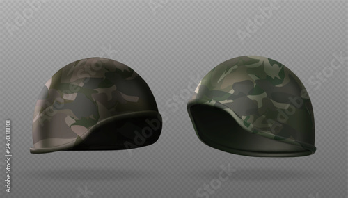 Military helmet mockups set isolated on transparent background. Vector realistic illustration of protective equipment for army soldier head, safety gear in camouflage colors, tactical warfare headgear