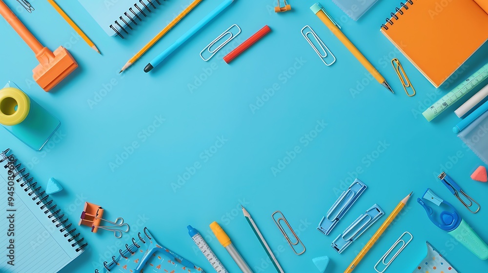 Overhead view of a selection of school stationary essentials on a modern blue background, designed as a banner for educational websites Overhead view of a selection of school stationary essentials on a modern blue background, designed as a banner for educational websites