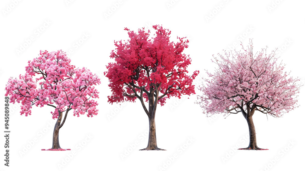 Three trees with pink blossoms are shown in a row on a transparent background Three trees with pink blossoms are shown in a row on a transparent background