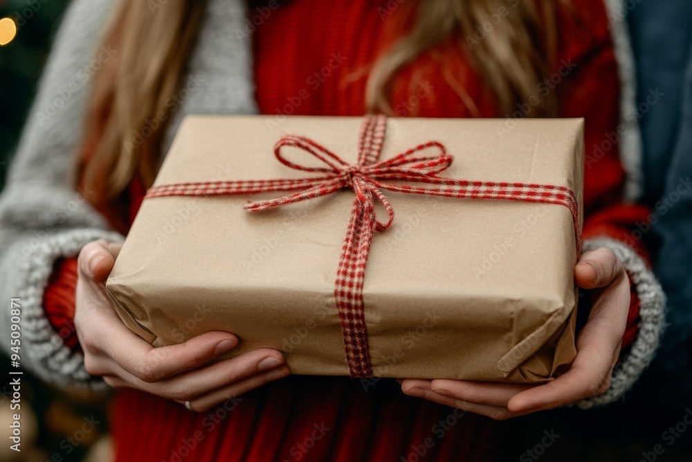 A pair of hands presenting a rustic brown paper wrapped gift with a red ribbon symbolizing the simplicity warmth and tradition of thoughtful gift giving during the holidays A pair of hands presenting a rustic brown paper wrapped gift with a red ribbon symbolizing the simplicity warmth and tradition of thoughtful gift giving during the holidays