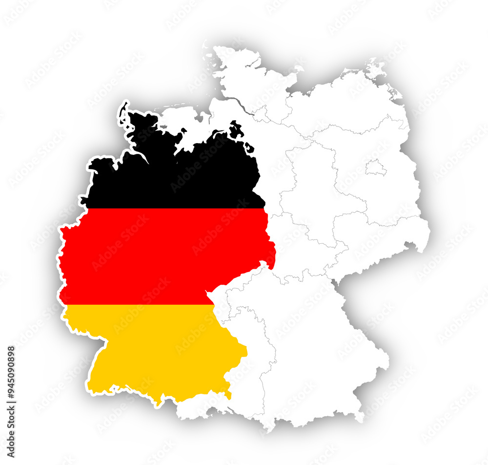 simplified map of Germany, outline map black red yellow, shadow, isolated simplified map of Germany, outline map black red yellow, shadow, isolated