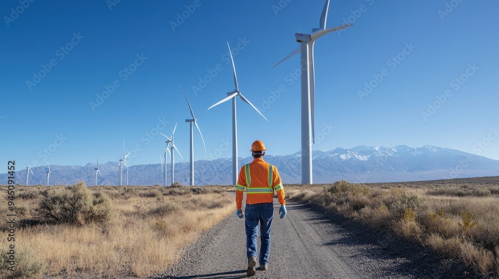 Obraz premium Engineer inspecting cutting-edge wind turbines on a vast, wind-swept field with a bright, clear sky and mountains in the background