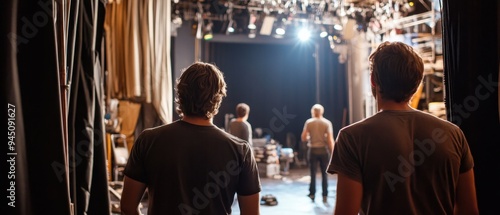 Witness the intense preparation behind-the-scenes of a theater production, with actors rehearsing, costumes, and stagehands coordinating photo