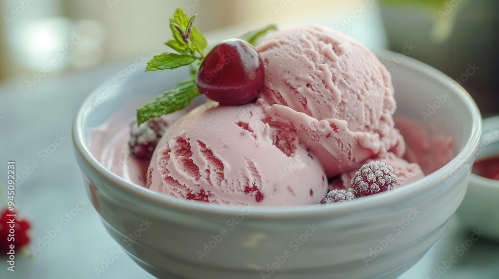 Delicious pink ice cream served in a bowl, topped with cherry and mint, perfect for summer desserts and refreshing treats. Delicious pink ice cream served in a bowl, topped with cherry and mint, perfect for summer desserts and refreshing treats.