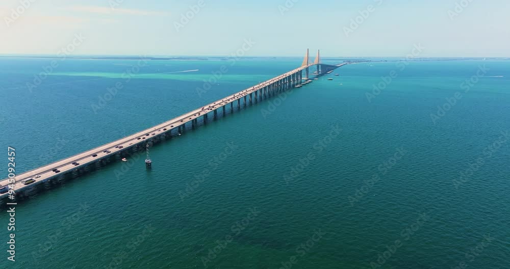 Cars driving on Sunshine Skyway Bridge over Tampa Bay in Florida. Transportation infrastructure in America Cars driving on Sunshine Skyway Bridge over Tampa Bay in Florida. Transportation infrastructure in America