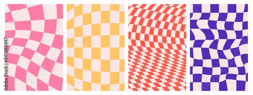 Groovy hippie 70s posters. Checkerboard, chessboard, mesh, waves patterns. Twisted and distorted vector texture in trendy retro psychedelic style. Y2k aesthetic.