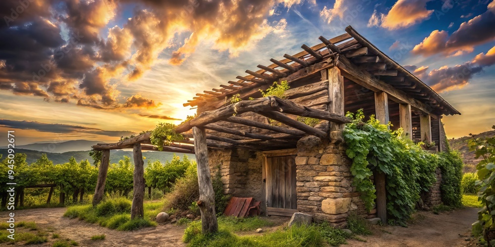 Rustic wooden slats, overgrown with vines, rest on a worn stone foundation, as wispy clouds filter sunlight, evoking a sense of nostalgia and serenity. Rustic wooden slats, overgrown with vines, rest on a worn stone foundation, as wispy clouds filter sunlight, evoking a sense of nostalgia and serenity.