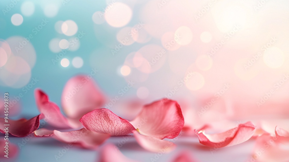 Pink rose petals scattered with soft bokeh lights Pink rose petals scattered with soft bokeh lights