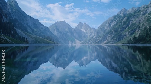 A serene mountain lake surrounded by towering peaks, with the water perfectly still and reflecting the surrounding landscape like a mirror, evoking a sense of inner peace and harmony.