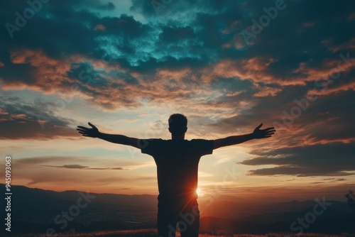 Man with Arms Outstretched Against Vibrant Sunrise, Embracing New Day and Tranquil Horizon, Expression of Hope, Joy, and Freedom