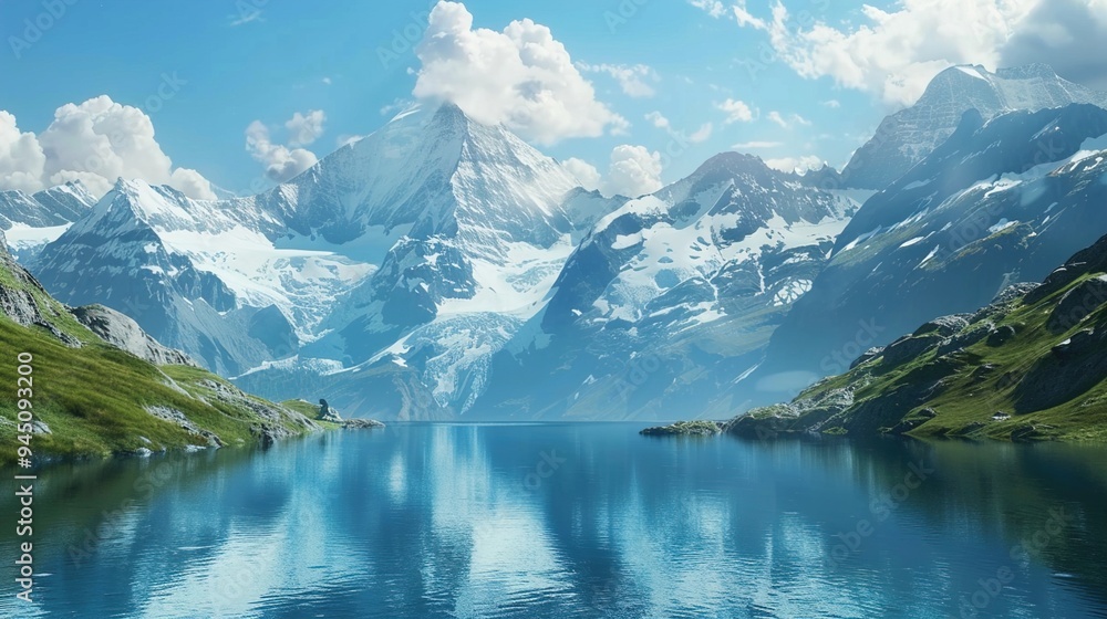 Naklejka premium A serene mountain lake surrounded by snow-capped peaks, inspiring feelings of awe and perspective in the journey towards mental health awareness and resilience.