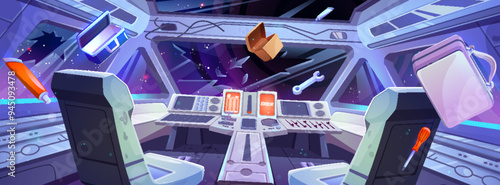 Spaceship crash in night sky. Vector cartoon illustration of space shuttle interior during accident, broken windshield, pieces of glass flying inside cockpit, error message on dashboard computer