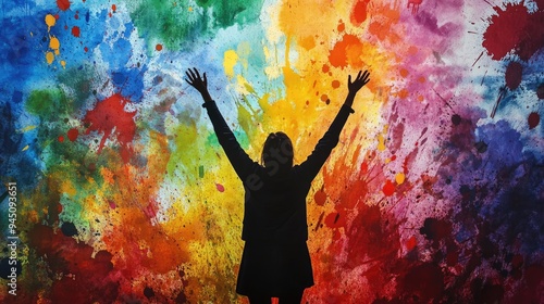 Wallpaper Mural Man Celebrating Joyfully with Arms Raised Amidst Vibrant Paint Splashes. Abstract Background in Creative Space Torontodigital.ca