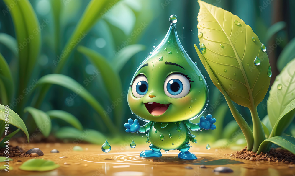 Fototapeta premium A happy water droplet character stands in a puddle, surrounded by green plants