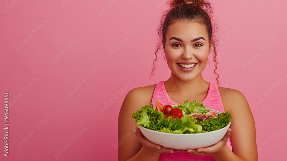 Happy Plus size young woman in sports wear holding fresh healthy dish, isolate pastel background Happy Plus size young woman in sports wear holding fresh healthy dish, isolate pastel background