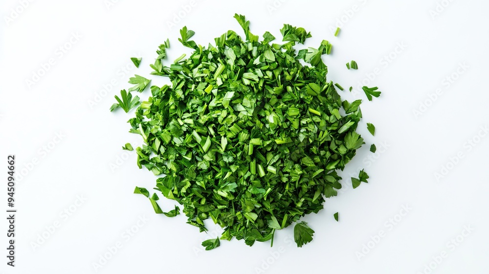 A Heap of Freshly Chopped Parsley on a White Background A Heap of Freshly Chopped Parsley on a White Background