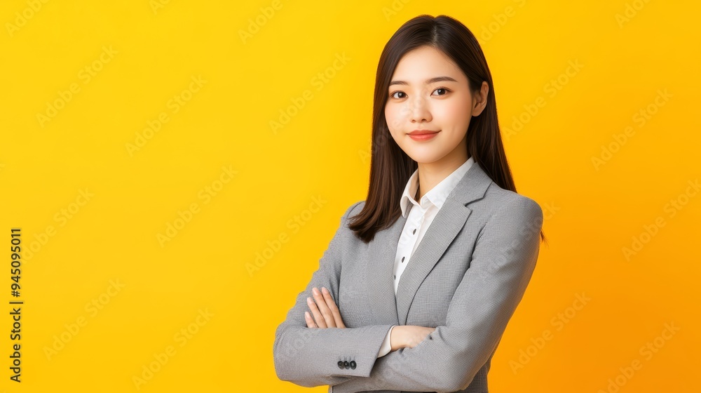 Confident Businesswoman with Arms Crossed Smiling at Camera on Yellow Background Confident Businesswoman with Arms Crossed Smiling at Camera on Yellow Background