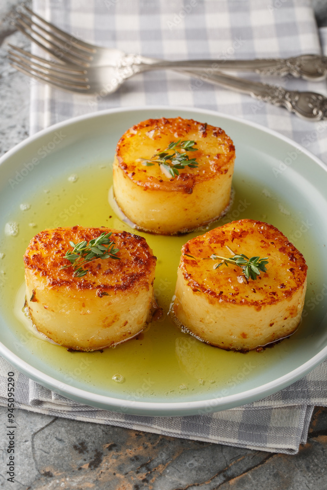 Fondant potatoes or Melting Potatoes baked in a buttery herb infused broth closeup on the plate on the table. Vertical Fondant potatoes or Melting Potatoes baked in a buttery herb infused broth closeup on the plate on the table. Vertical