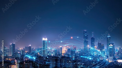 Wallpaper Mural Digital network connection in cityscape at night, blue-toned background Torontodigital.ca