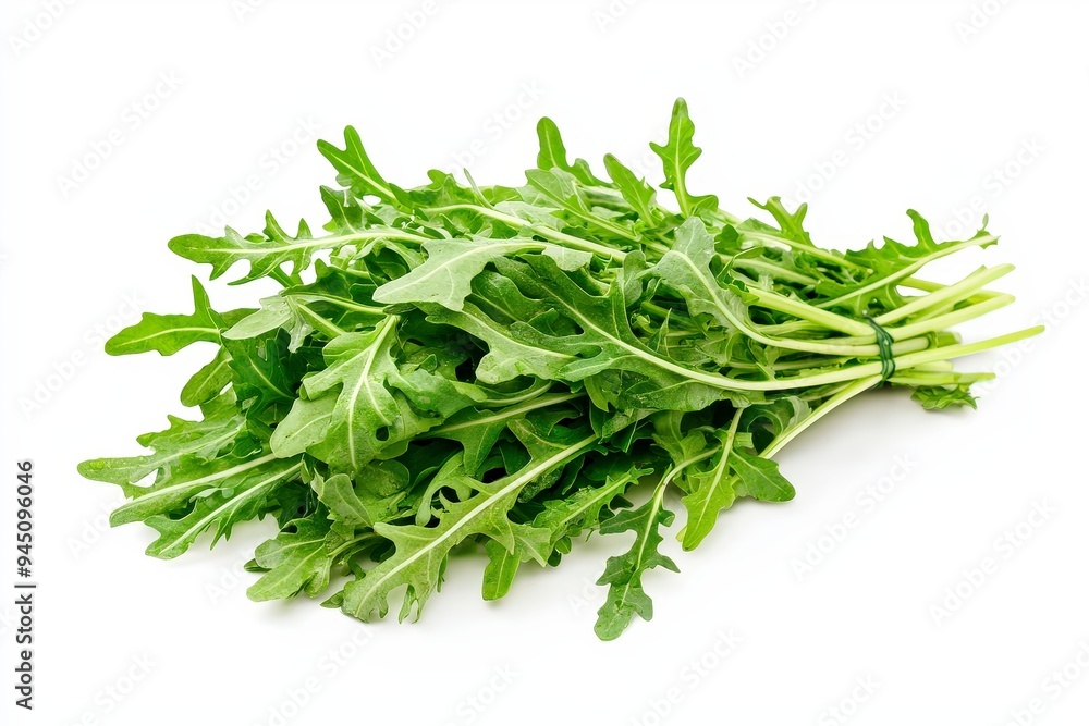 A bunch of fresh arugula leaves, commonly used in salads and culinary dishes.